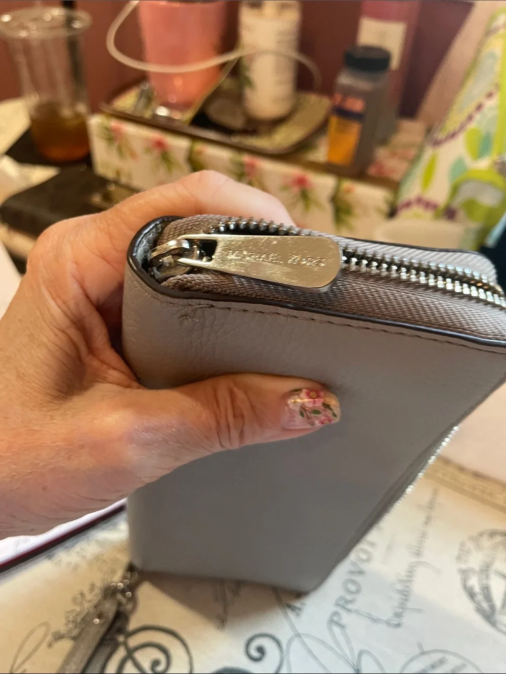 Michael Kors Taupe Stone Grey  Pebbled Leather Wristlet Wallet